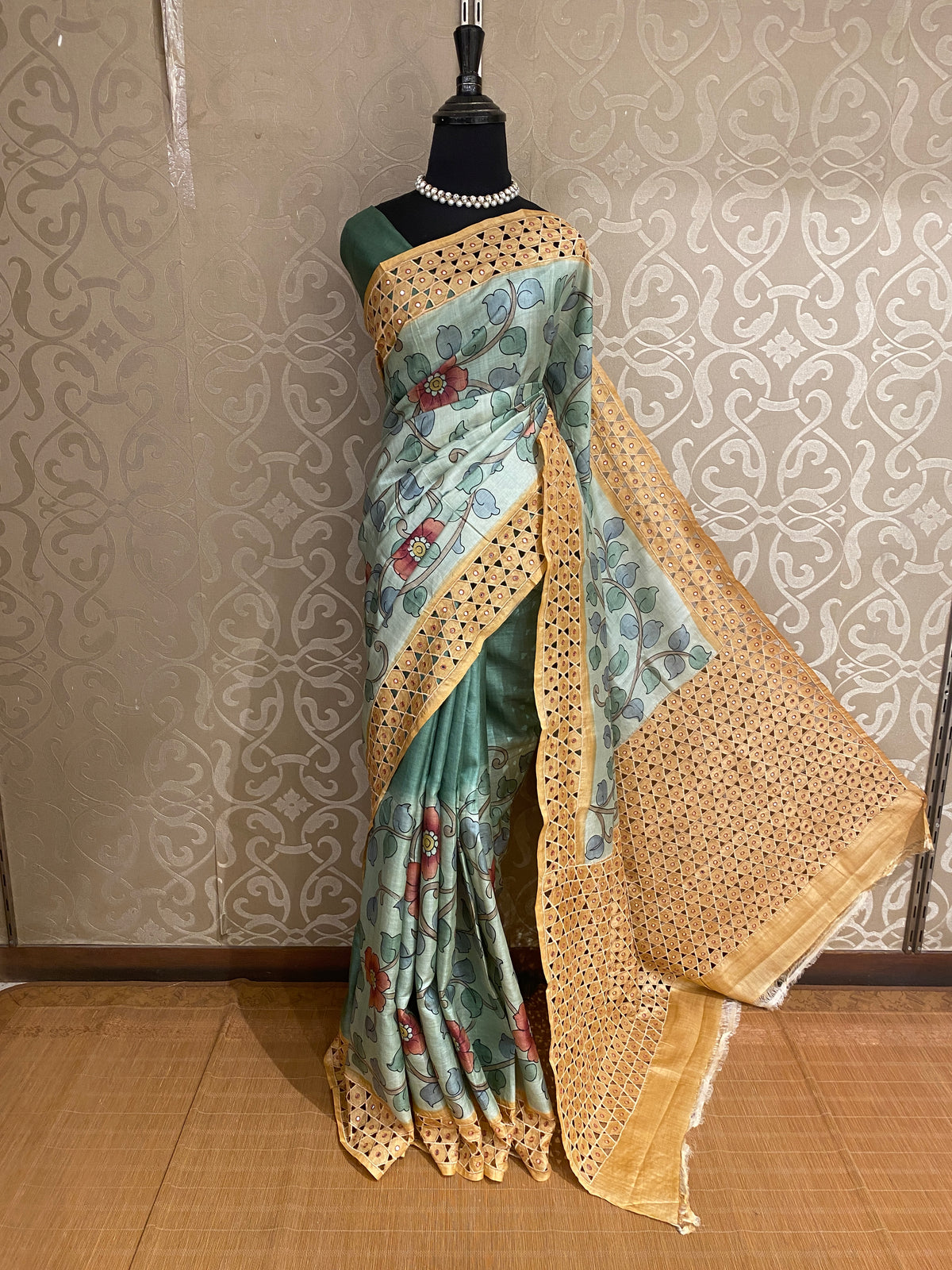 Sea Green Tussar Kalamkari Print With Cutwork Border Saree, With Unstitched Blouse