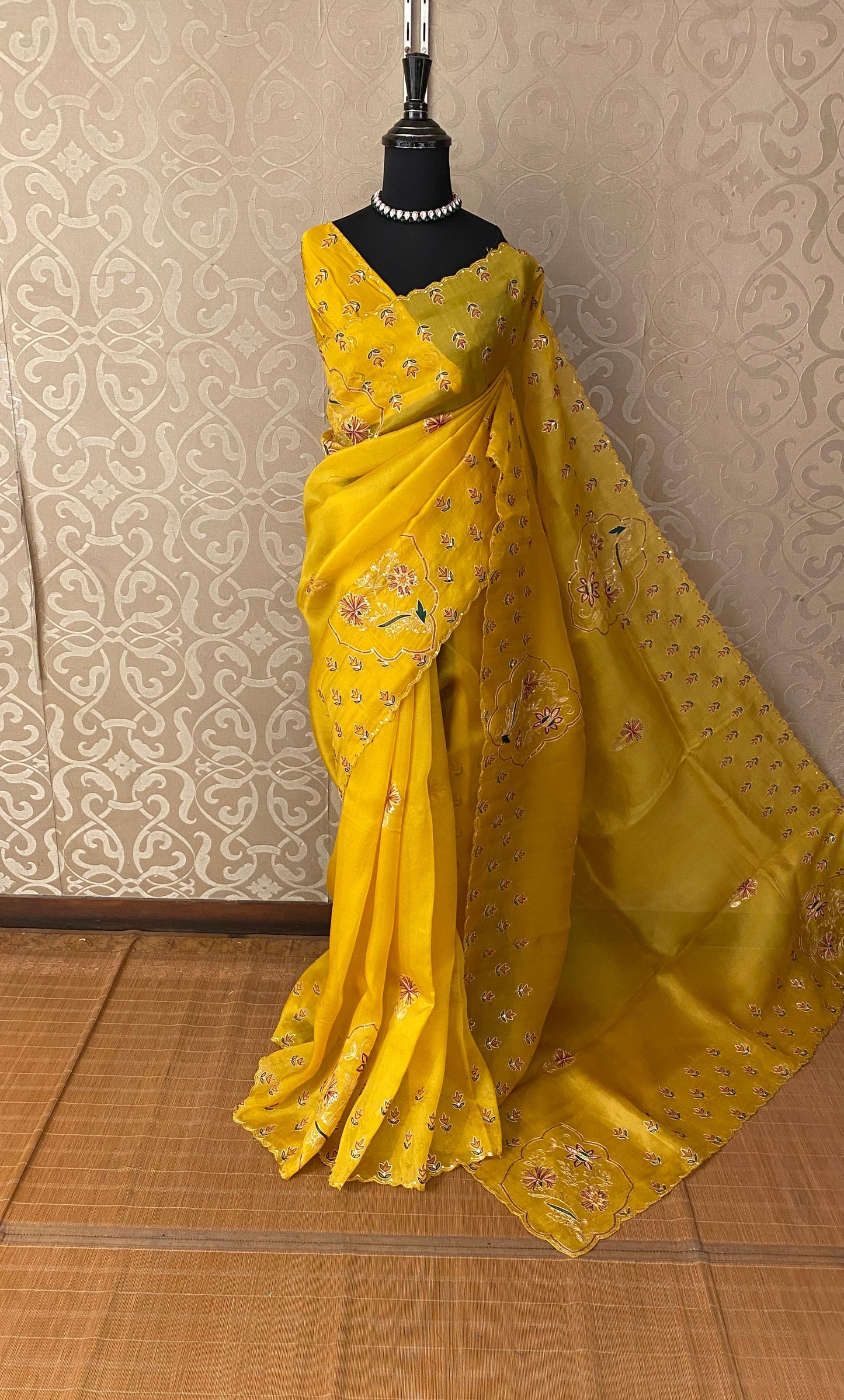 Yellow Organza Saree With Ari Work, With Unstitched Blouse