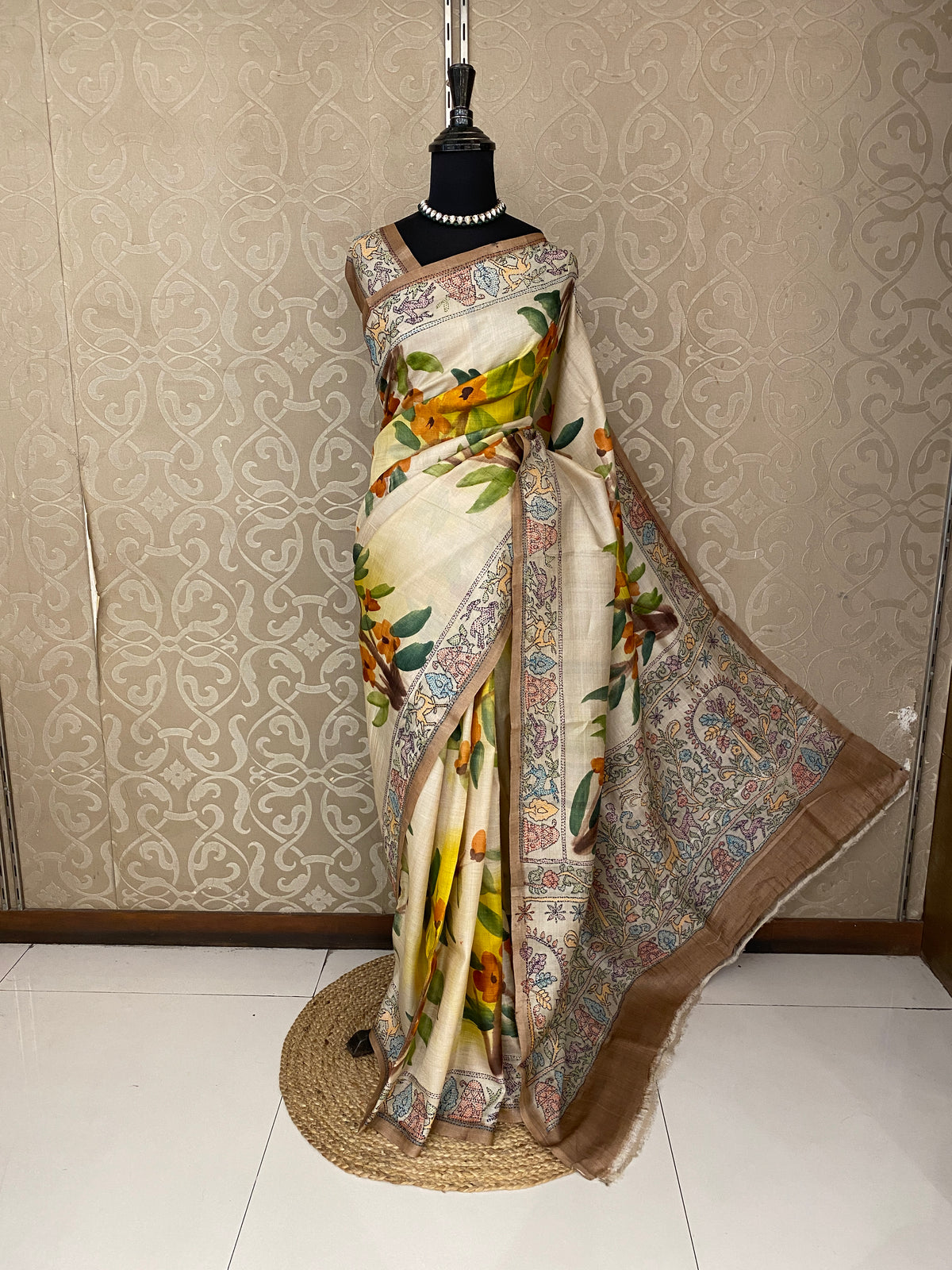 Off-White Tussar Hand Print Kantha Work Border Saree, With Unstitched Blouse
