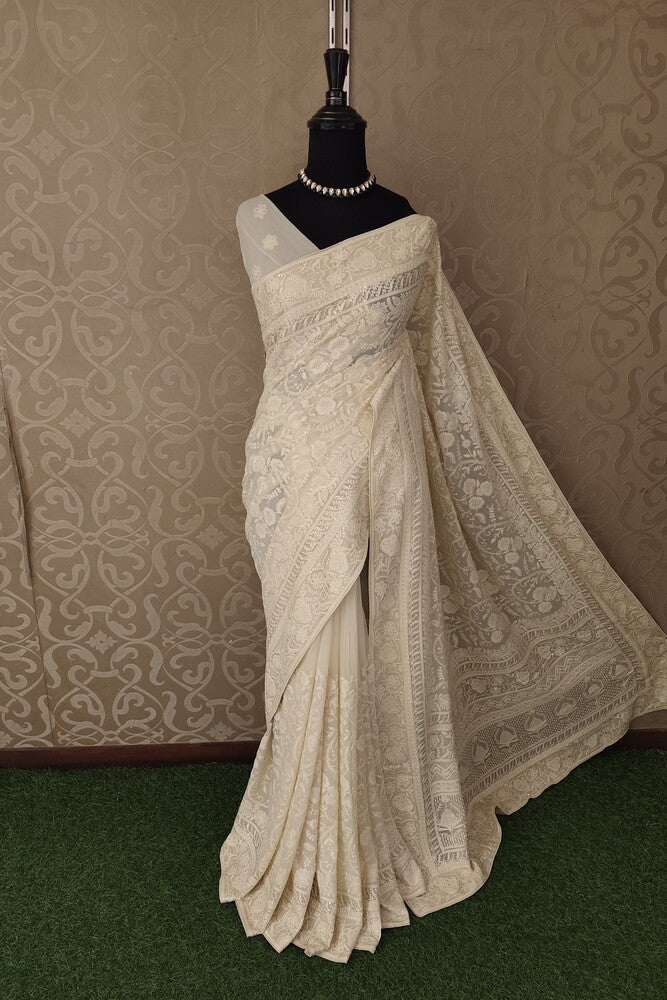 Off-White Georgette Saree With Chikankari Embroidery, Unstitched Blouse