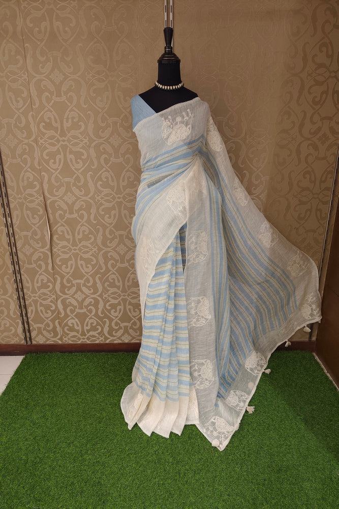 Off-White & Blue Linen Embroidery Saree, With Unstiched Blouse