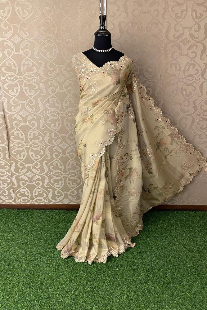 Golden Beige Soft Tissue Silk Embroidery Saree With Unstiched Blouse
