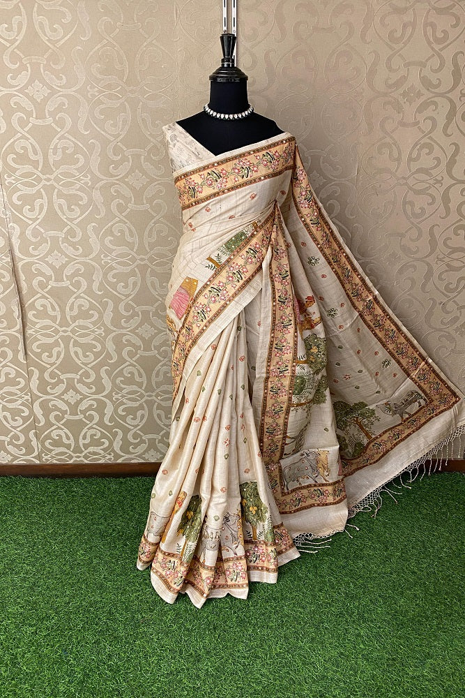 Off-White Tussar Pichwai With Aari Work Saree, With Unstiched Blouse