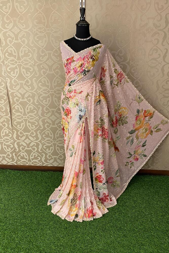 Baby Pink Printed Georgette Sequin Saree, With Unstiched Blouse