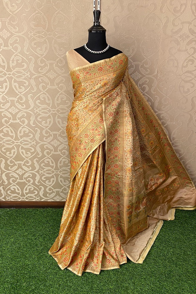 Beige Gold Tanchoi Silk Saree Self Weaving With Unstiched Blouse