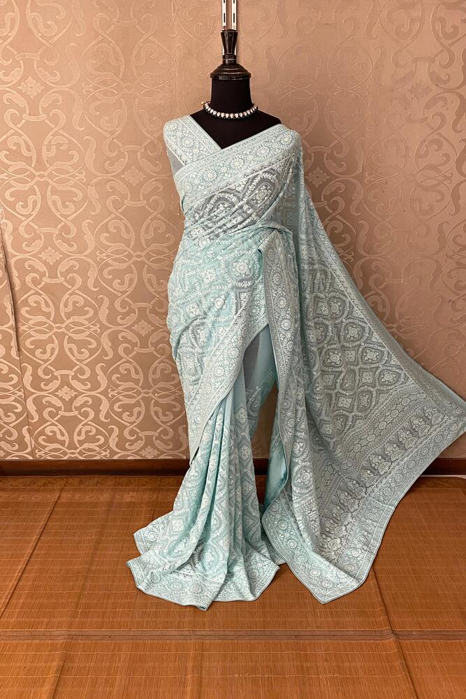 Firozi Blue Georgette Chikankari Saree, With Unstiched Blouse