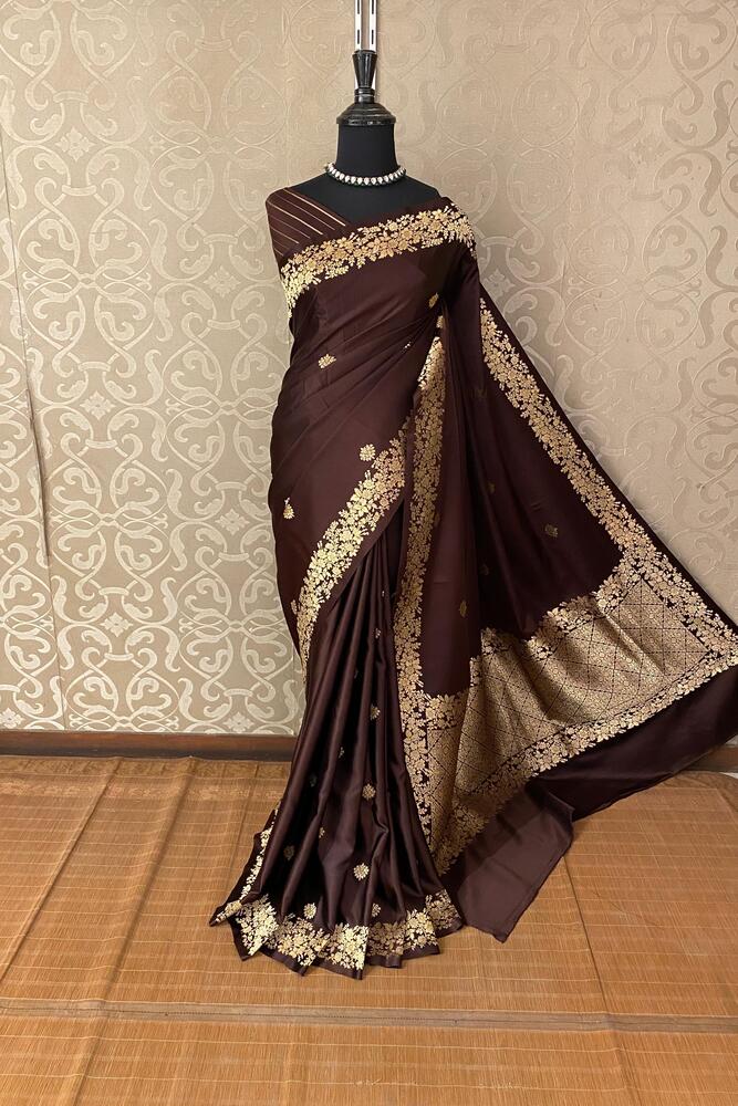 Chocolate Brown Mashru Silk Banarasi Handloom Saree, With Unstiched Blouse