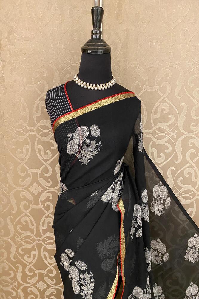 Black Chiffon Saree, With Unstiched Blouse