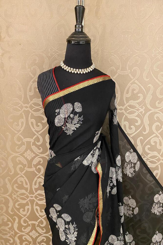 Black Chiffon Saree, With Unstiched Blouse