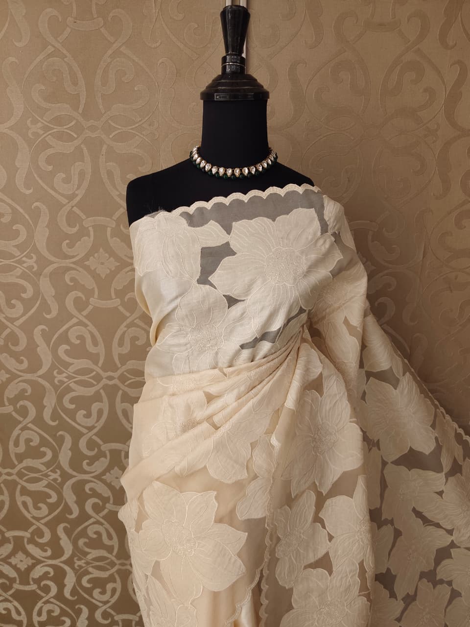 Off-White Tussar Applique Work Saree, With Unstiched Blouse