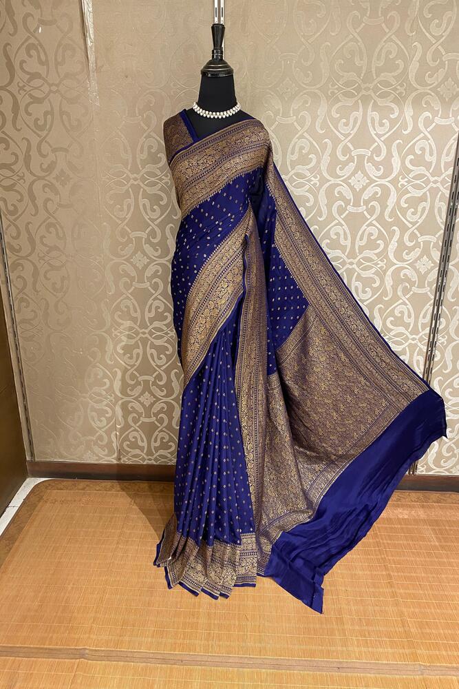 Navy Blue Crepe Khaddi Banarasi Silk Saree With Unstiched Blouse