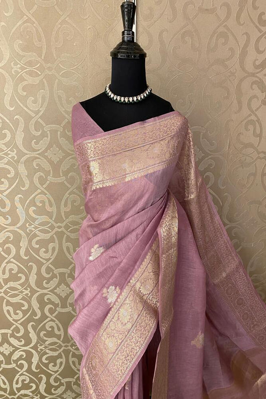 Pink Purple Pure Linen Saree, With Unstiched Blouse