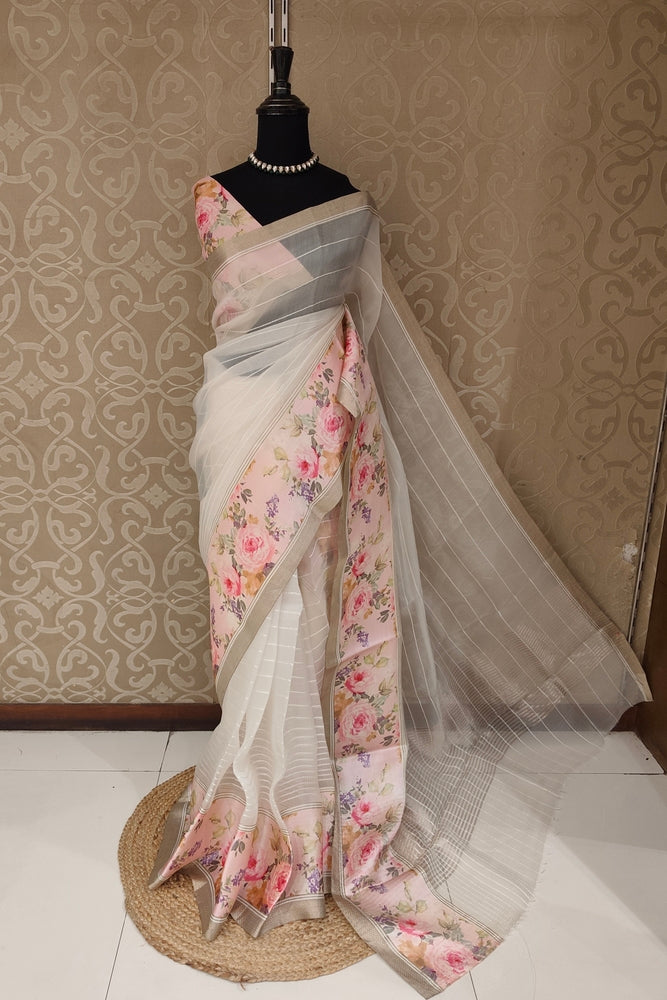 Off-White Organza Resham printed saree with unstiched blouse, perfect for party wear, by Saarang Sarees.