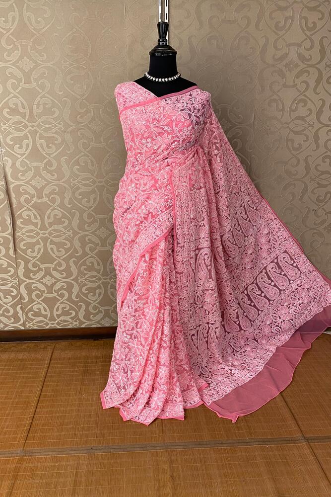 Pink Georgette Hand Chikankari Work Saree, With Unstiched Blouse