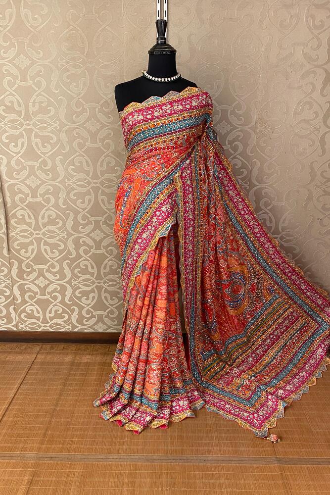 Multi Crepe Georgette Saree With Mirror Work, With Unstiched Blouse