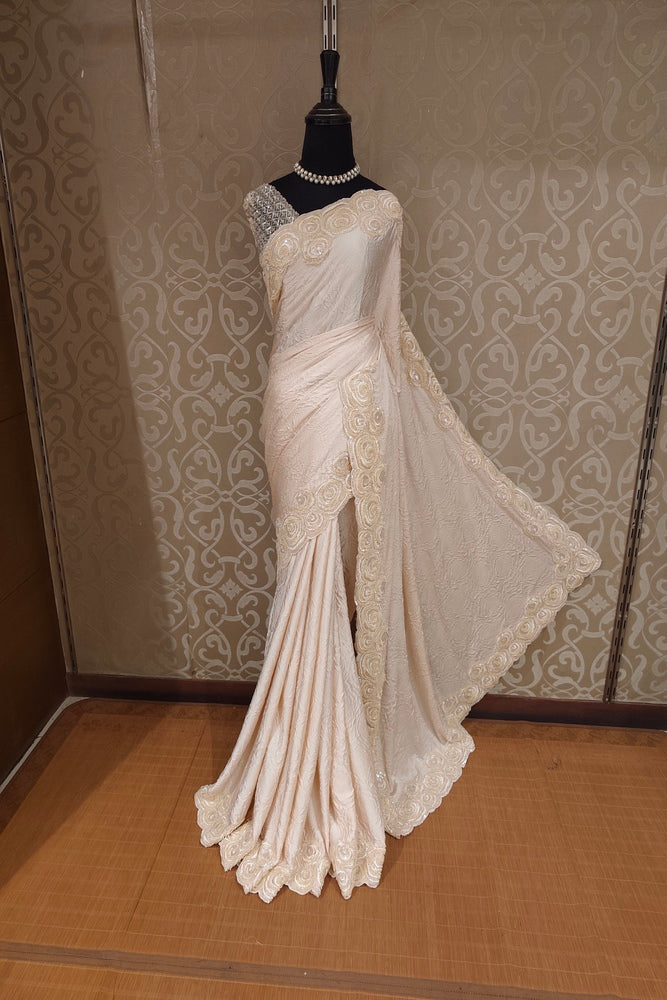 Off-White Crush Silk Saree With Embroidery Border, With Unstiched Blouse