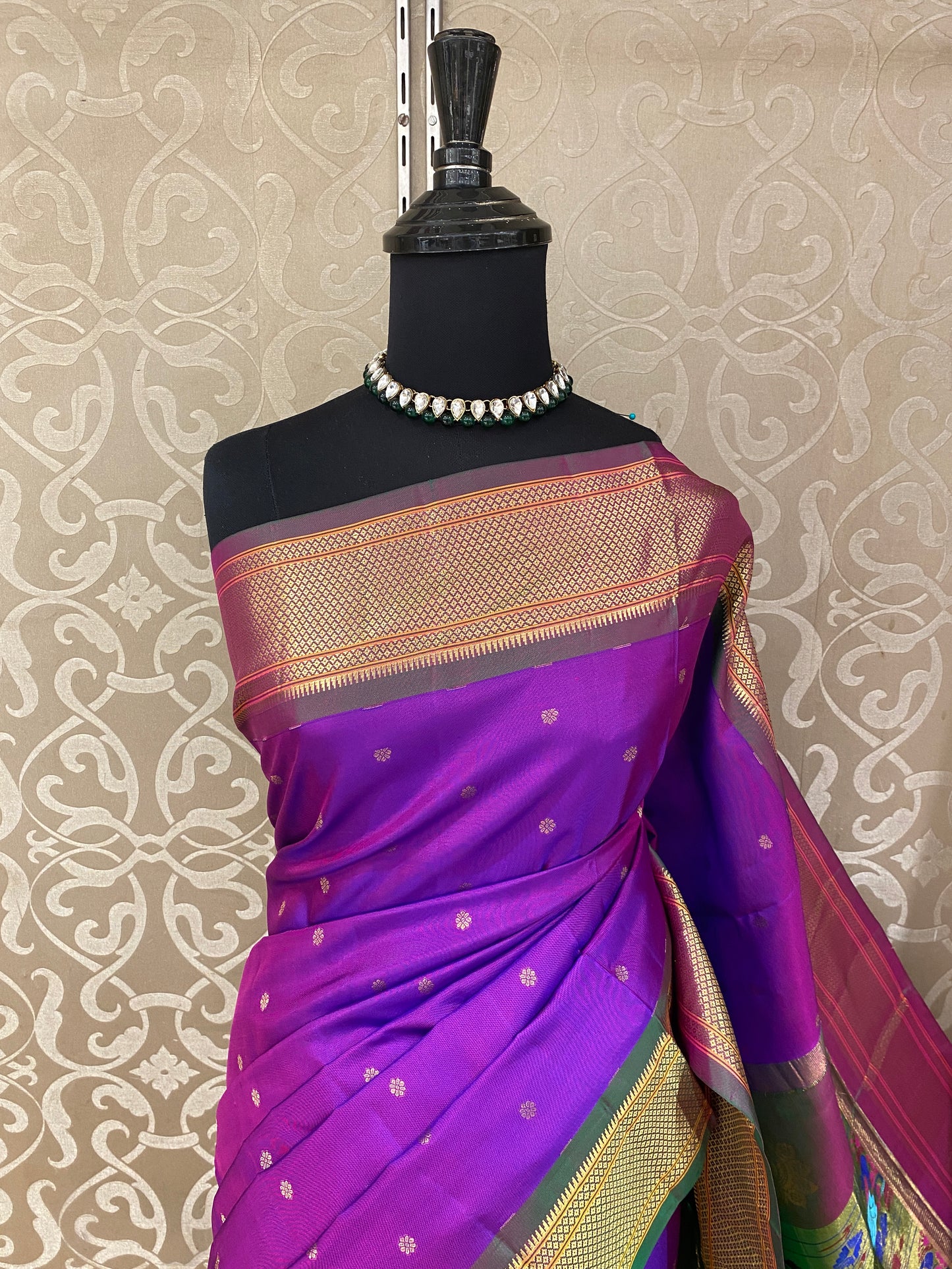 Purple Paithani Silk Saree, Multi Colour Weaving, With Unstiched Blouse