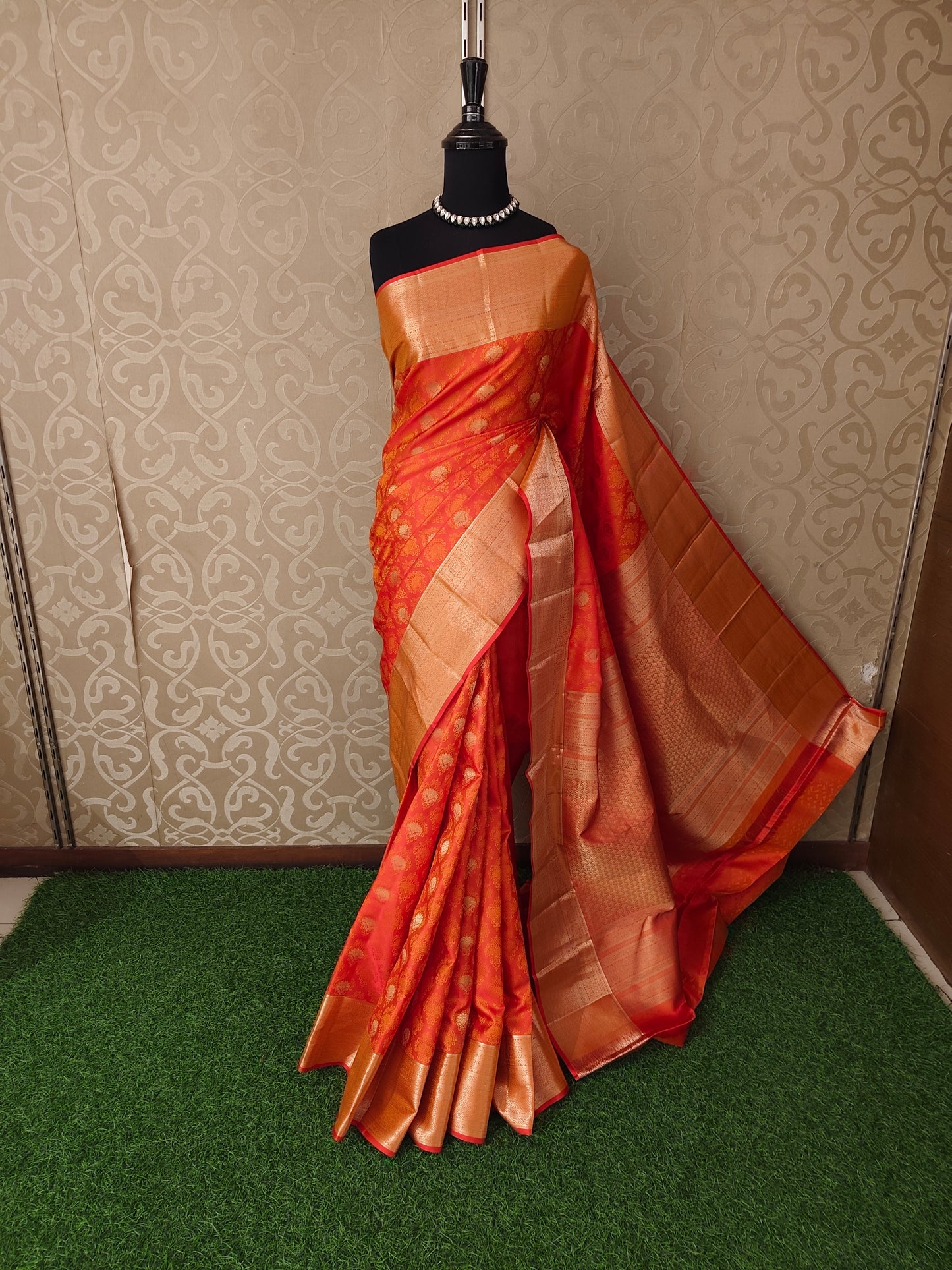 Orange Pure Kanjeevaram Silk Saree, With Unstiched Blouse