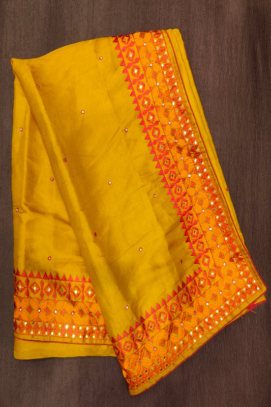 Mustard Yellow Semi Munga Silk Cross Stitch Work Saree, With Unstiched Blouse
