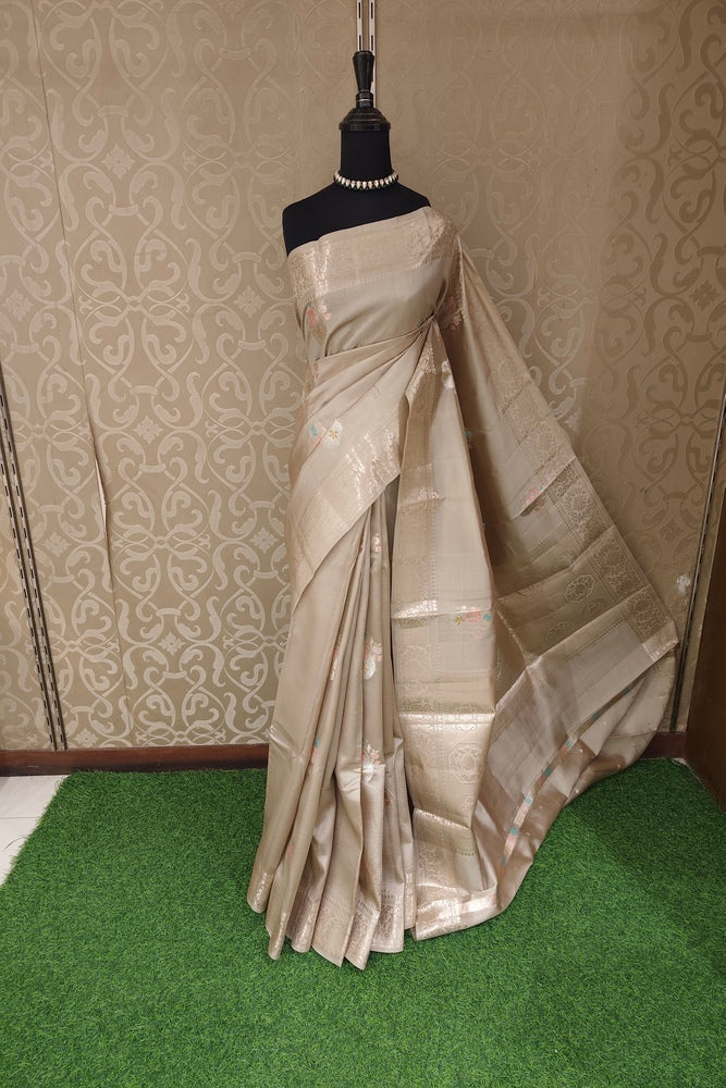 Grey Chiniya Silk Saree Hand Woven Butas, With Unstiched Blouse