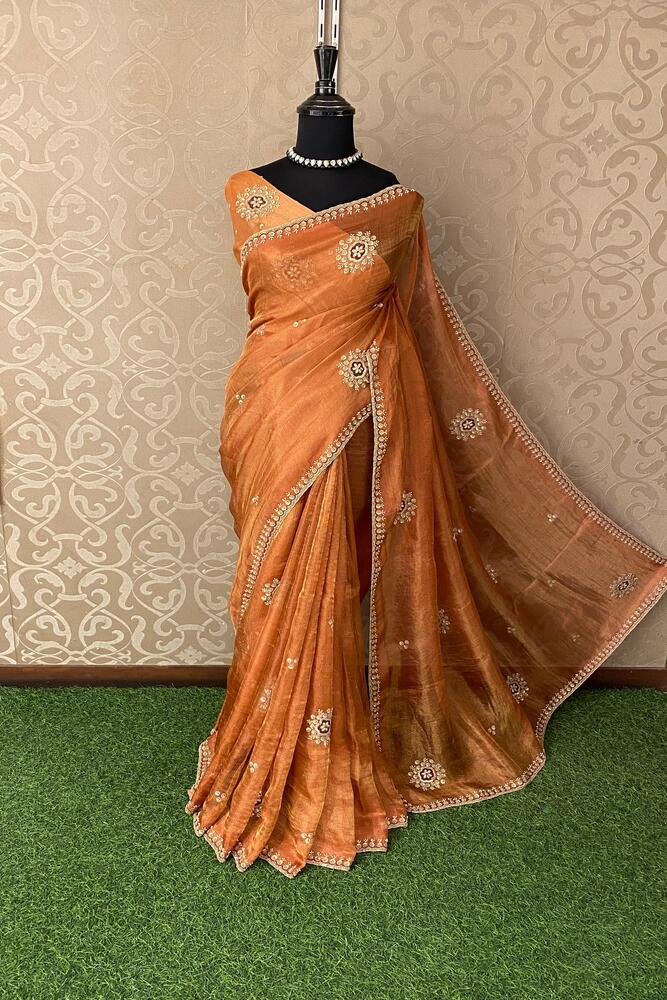 Copper Tissue Hand Embroidery Saree, With Unstiched Blouse