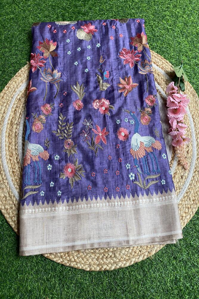 Purple Blue Tussar Cotton Resham Work Saree, With Unstiched Blouse