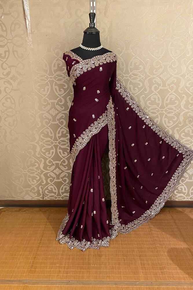 Wine Georgette Embroidery Work Saree, With Unstiched Blouse