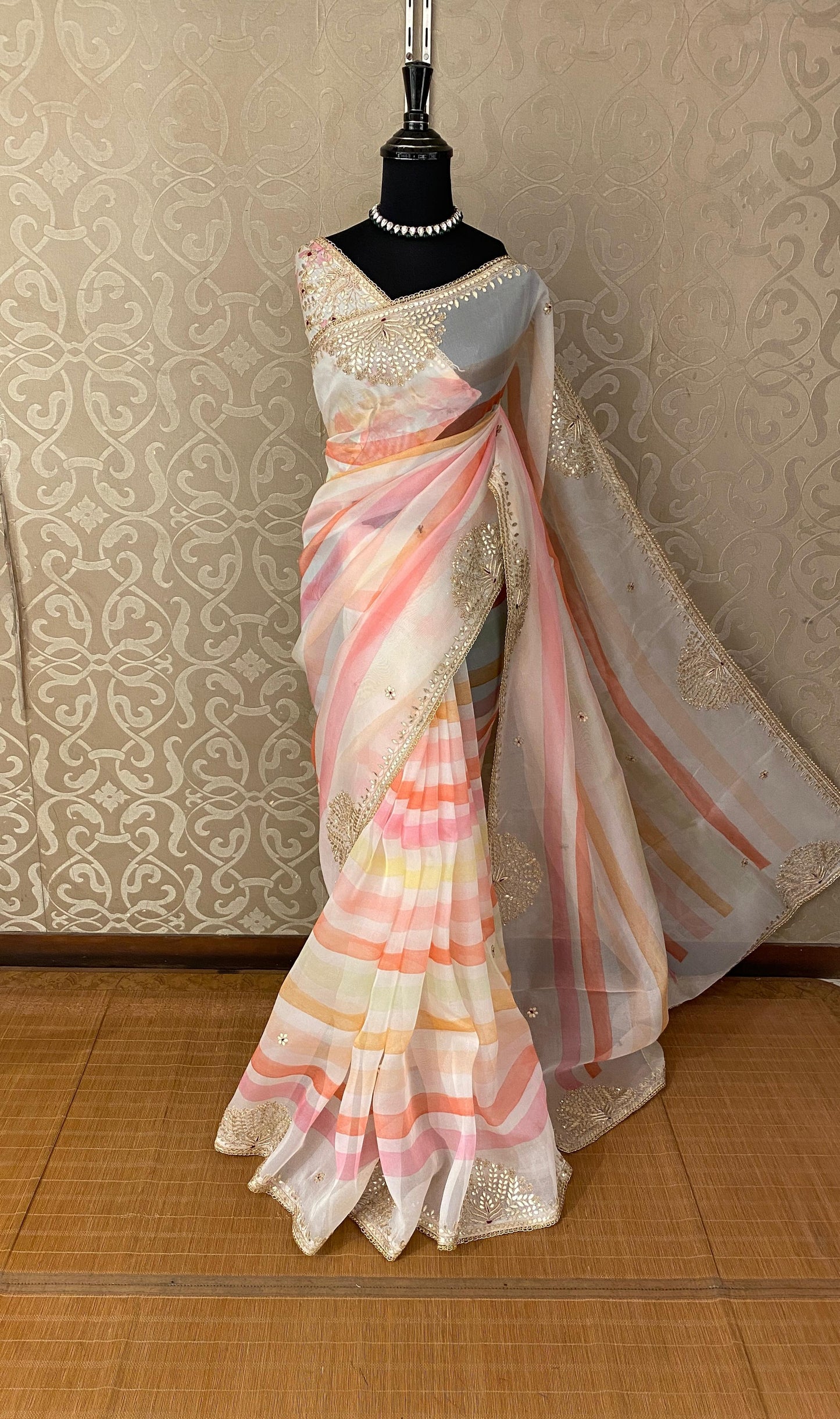 Off-White Organza Gota Patti Work Saree, With Unstiched Blouse