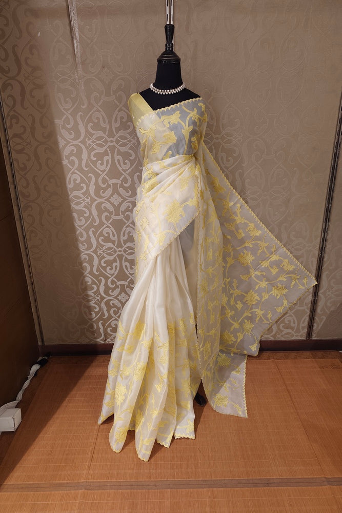 Off-White & Yellow Organza Saree With Appliqué Work, With One Unstitched Blouse