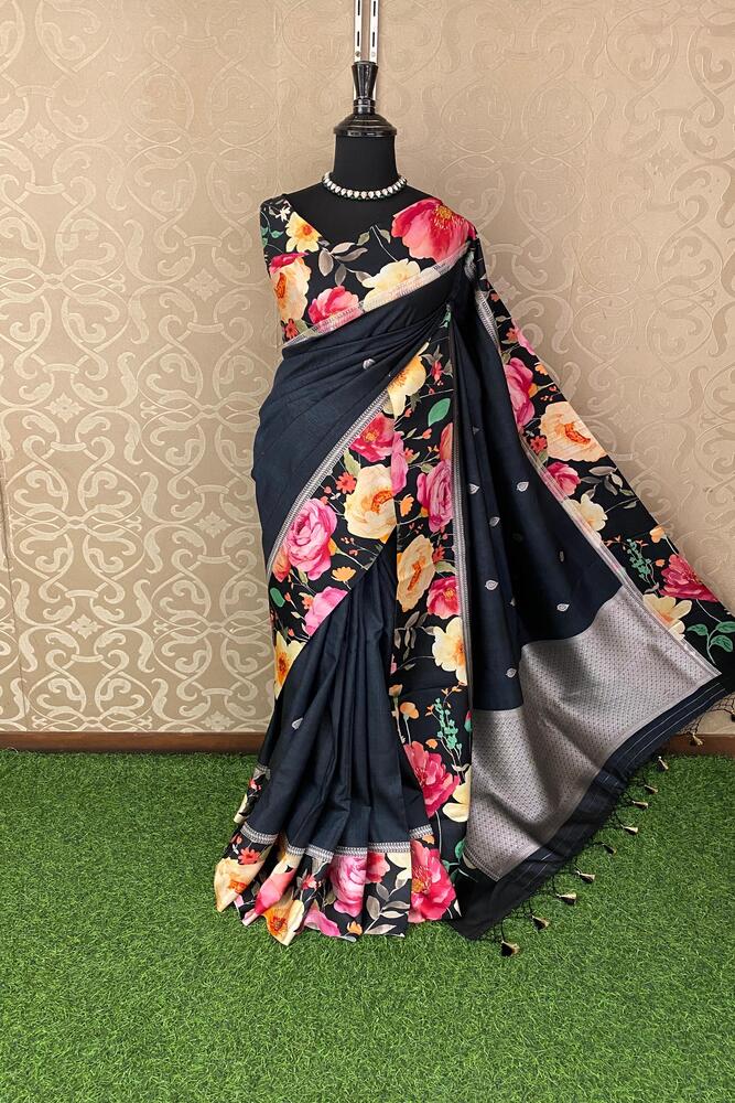 Black Tussar Banarasi saree with digital mashru border, traditional wear by Saarang Sarees, featuring intricate gold zari work.