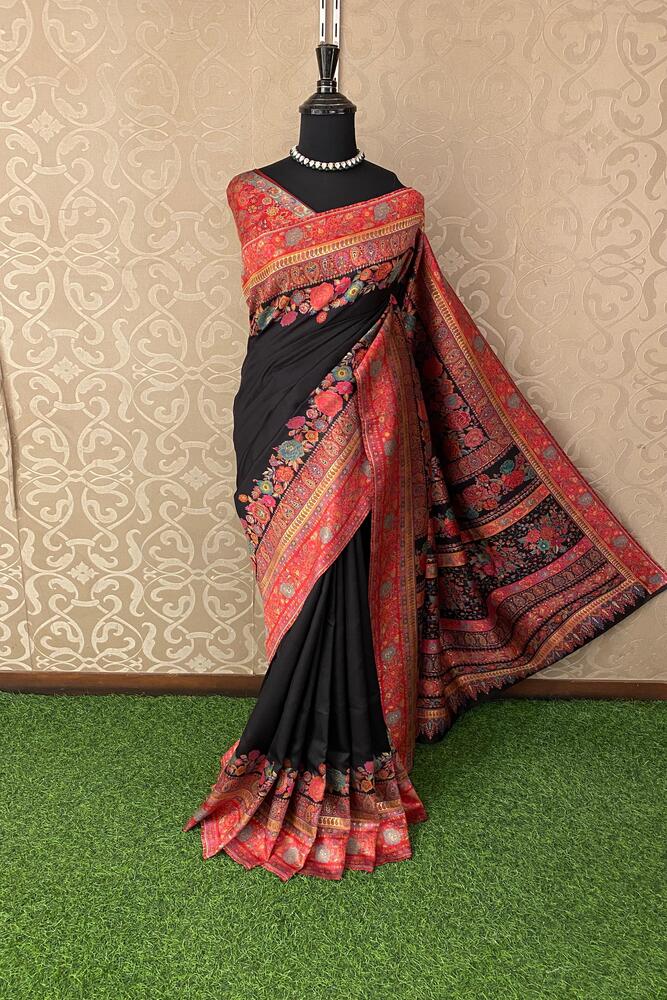 Black Pure Kani Handloom Silk Saree With Unstiched Jamewar Woven Blouse