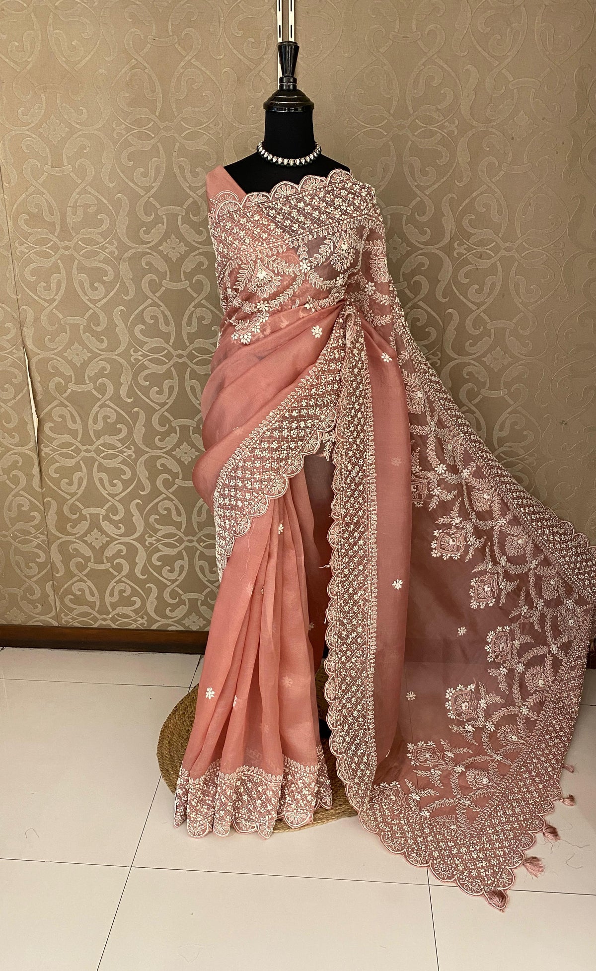 Peach Pink Organza Silk Hand Embroidery Saree, With Unstiched Blouse