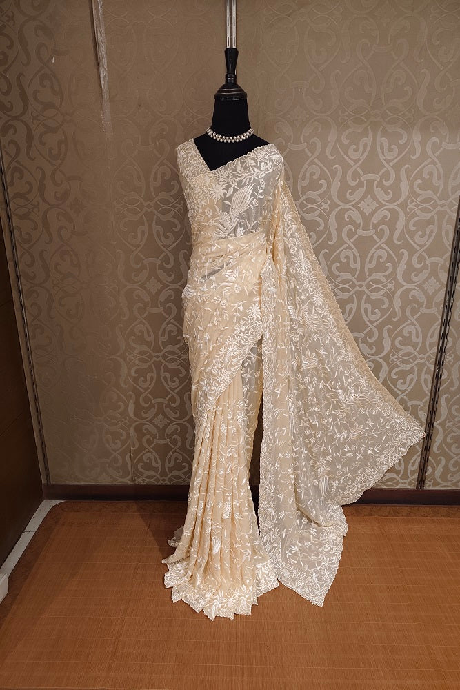 Off-White Georgette Saree With Parsi Work, With Unstiched Blouse