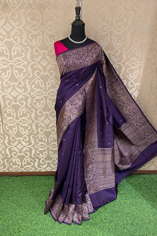 Deep Purple Pure Raw Tussar Banarasi Silk Saree, Hand Woven Motifs With Unstiched Blouse