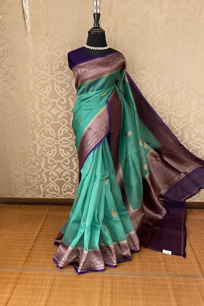 Firozi Blue Kora Banarasi Silk Saree, With Unstiched Blouse