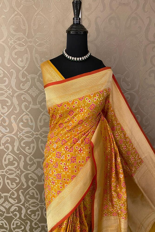 Mustard Yellow Banarasi Patola Silk Saree, With Unstiched Blouse