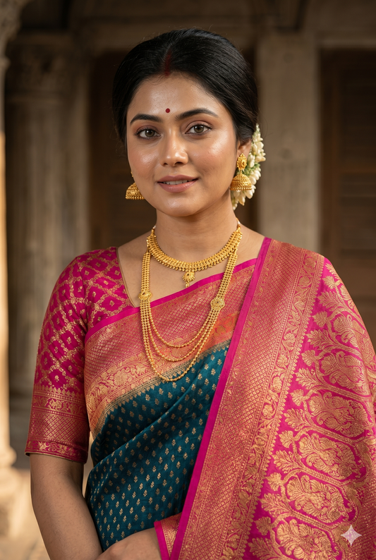 Deep green crepe Khaddi Banarasi silk saree with intricate gold zari work and matching unstiched blouse, traditional Indian attire by Saarang Sarees.