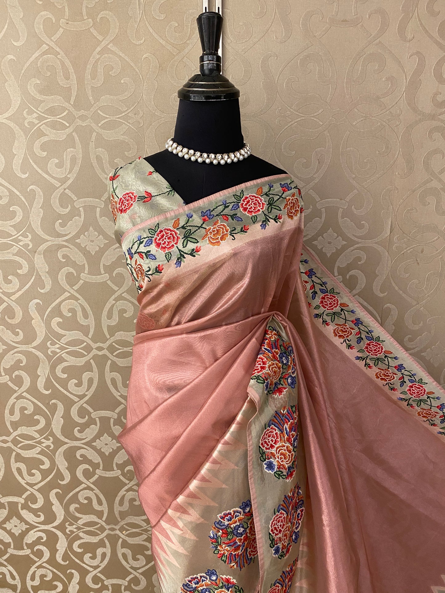 Peach Tissue Embroidery Saree, With Unstiched Blouse