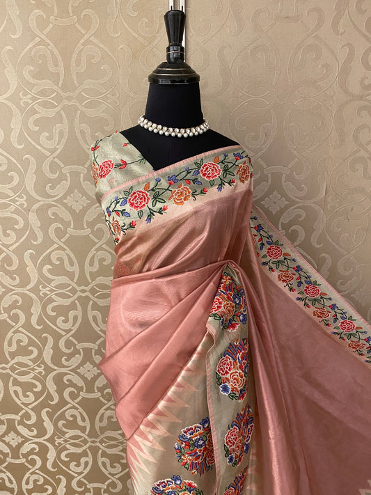 Peach Tissue Embroidery Saree, With Unstiched Blouse