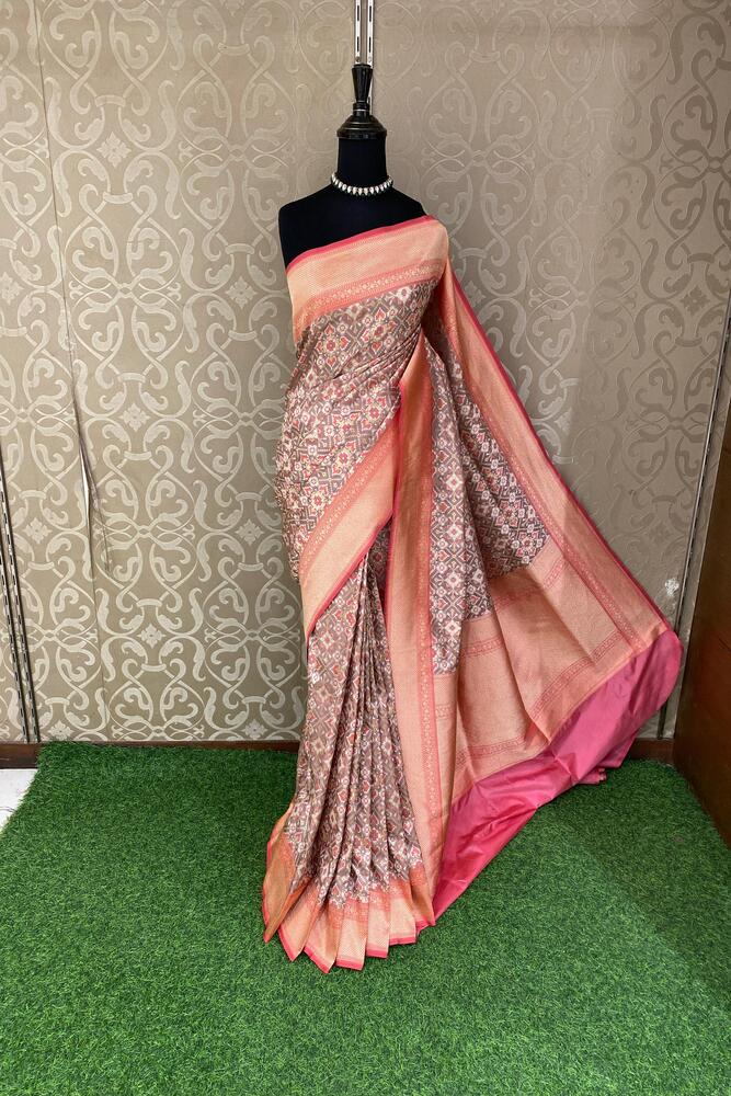 Brown & Multi Banarasi Silk Saree With Patola Concept, With Unstiched Blouse