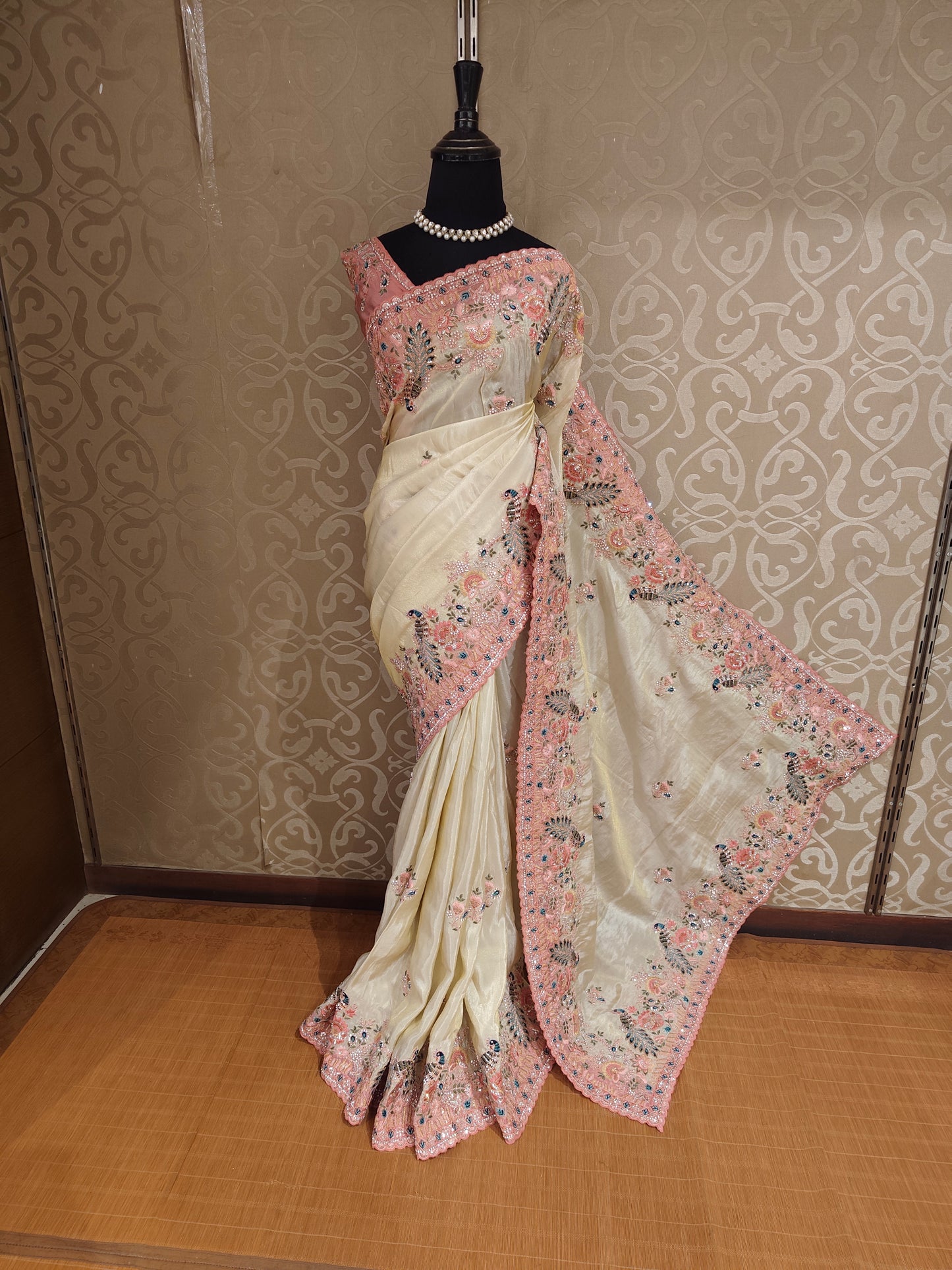 Off-White Tissue Kanjeevaram Silk Sarees With Embroidery Work, With Unstiched Blouse