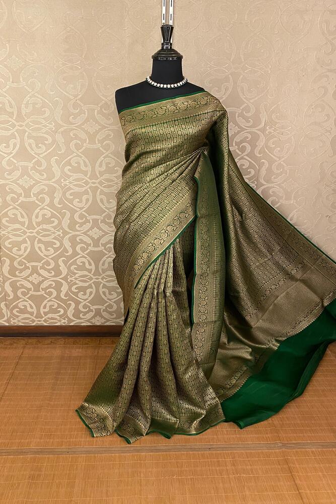 Deep Green Brocade Kora Banarasi Silk Saree, With Unstiched Blouse