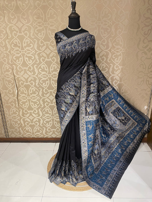 Black Pure Kani Handloom Silk Saree With Unstiched Jamewar Woven Blouse