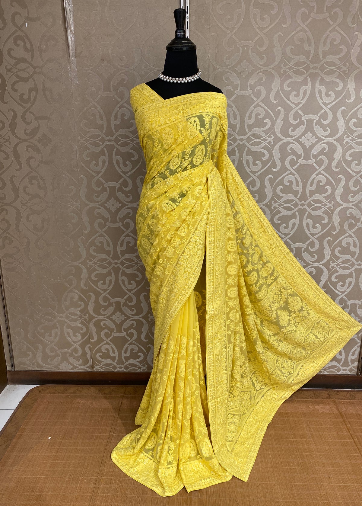 Yellow Georgette Chikankari Embroidery Saree, With Unstitched Blouse