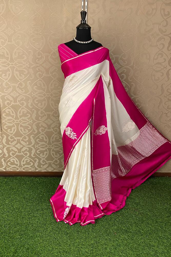 Off-White Purple Border Mashru Silk Banarasi Handloom Saree, With Unstiched Blouse