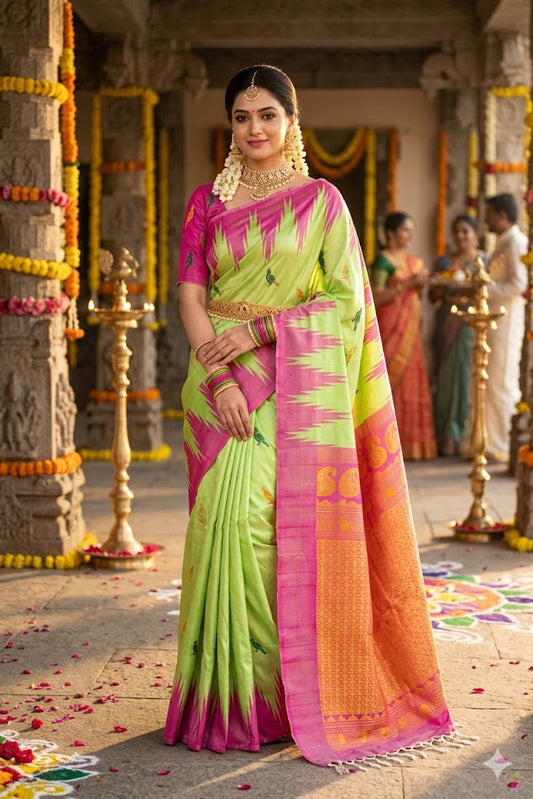 Light Green Gadwal Silk Sarees With Unstiched Blouse