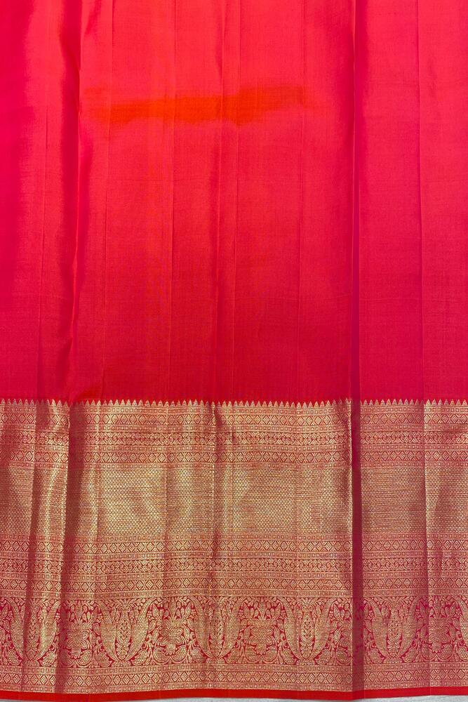 Red pure Kanjeevaram silk saree with intricate gold zari work and matching unstiched blouse, traditional Indian wear by Saarang Sarees
