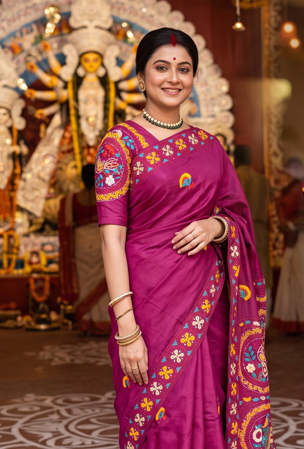 Wine Tussar Hand Embroidery Saree, With Unstitched Blouse