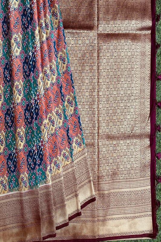 Multi Budget Friendly Katan Patola Saree, With Unstiched Blouse