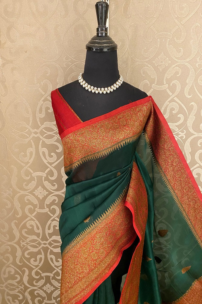 Bottle Green Kora Banarasi Silk Saree, With Unstiched Blouse